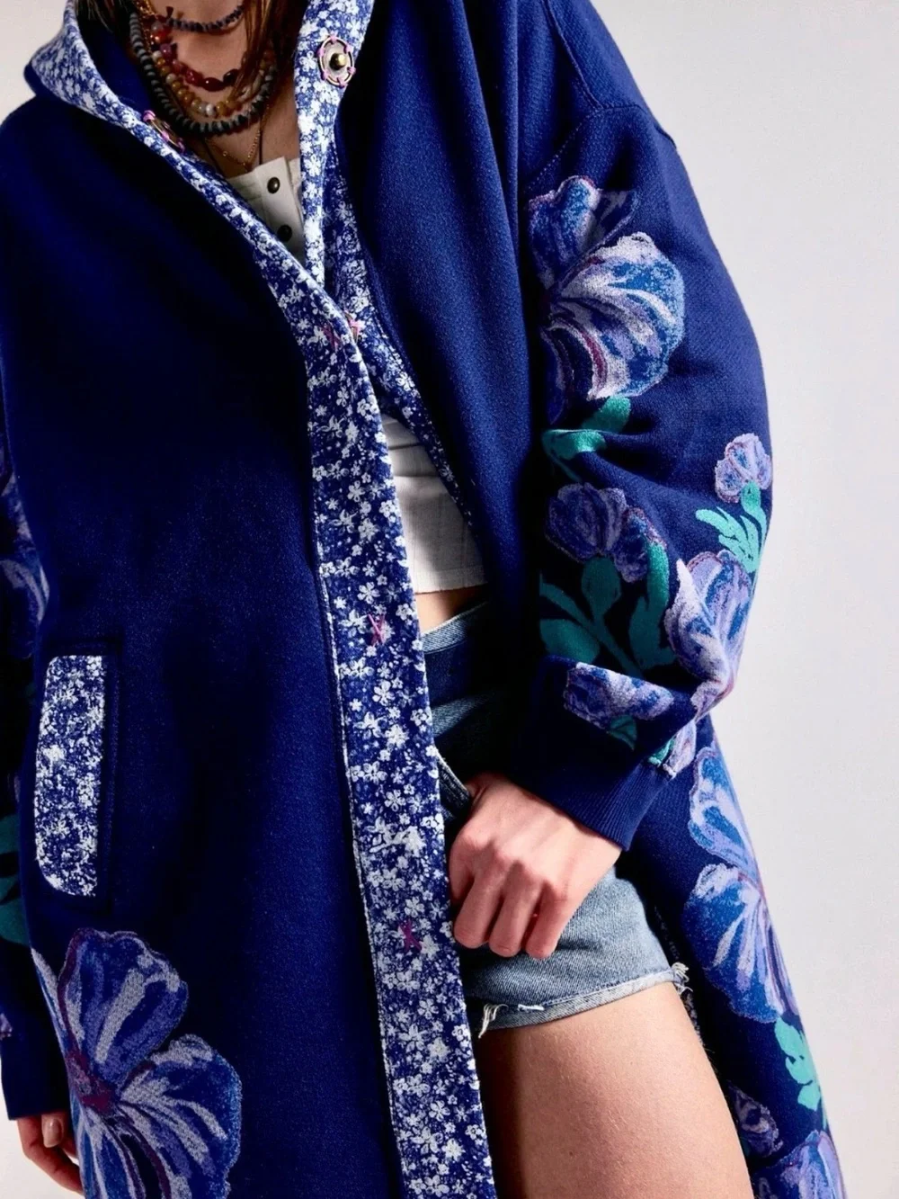 Free People Super Bloom Hood Maxi Sweatshirt Maxi Cardi Coat Blue Flowers